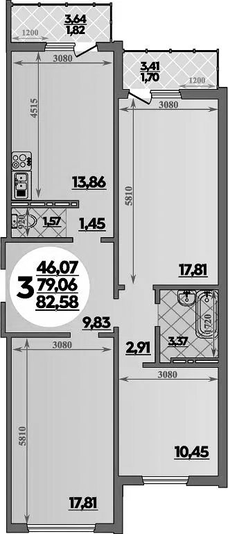 Планировка — Суворовский, 3-комн., 79 м²