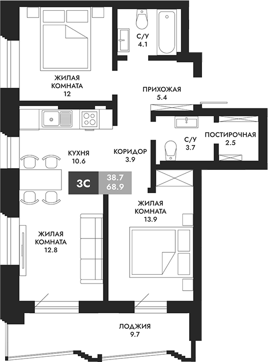 Планировка — Паскаль, 3-комн., 69 м²
