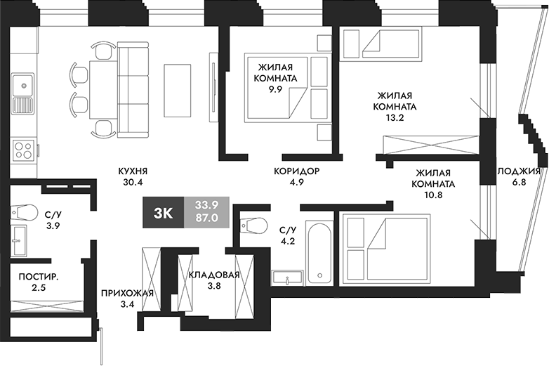 Планировка — Паскаль, 3-комн., 87 м²
