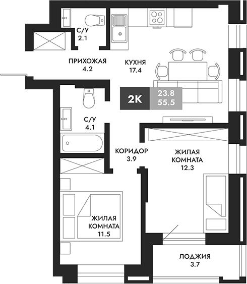 Планировка — Паскаль, 2-комн., 56 м²
