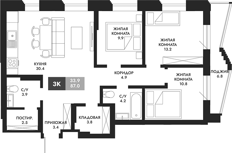 Планировка — Паскаль, 3-комн., 87 м²