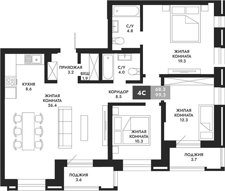 Планировка — Паскаль, 4-комн., 99 м²