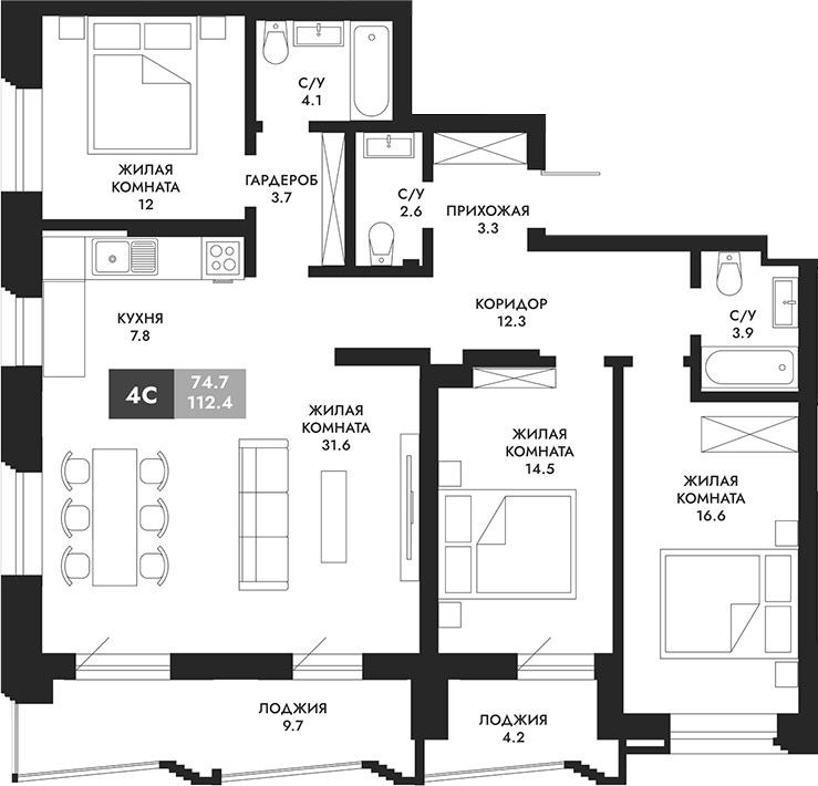Планировка — Паскаль, 4-комн., 112 м²