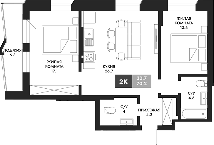 Планировка — Паскаль, 2-комн., 70 м²