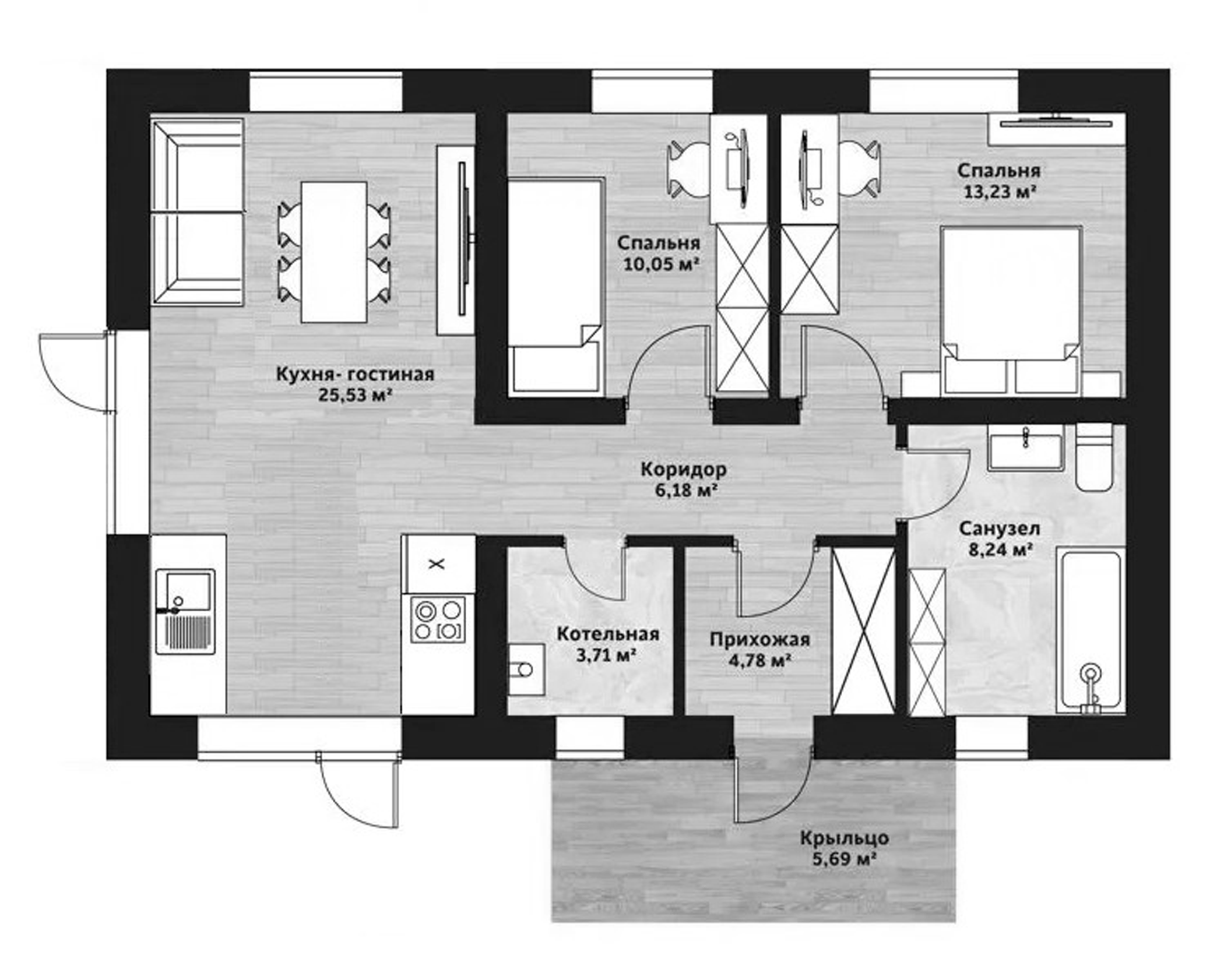 Планировка — Коттеджный поселок Сочи. Включи Девелопмент, 2-комн., 70 м²