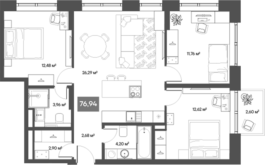 Планировка — ЩА, 3-комн., 76 м²