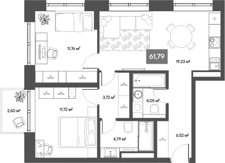 Планировка — ЩА, 2-комн., 61 м²