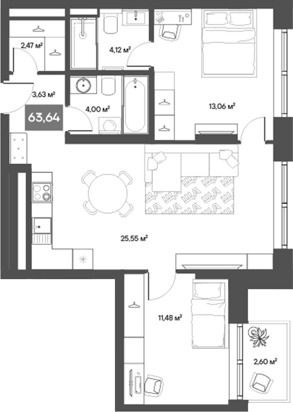 Планировка — ЩА, 2-комн., 62 м²