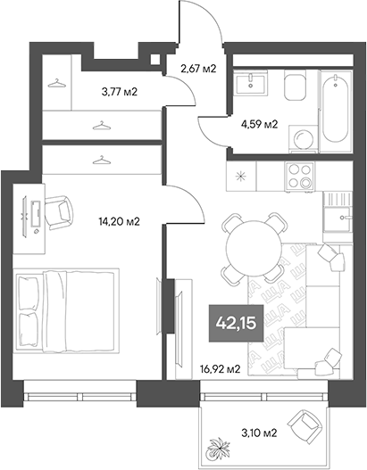 Планировка — ЩА, 1-комн., 40 м²