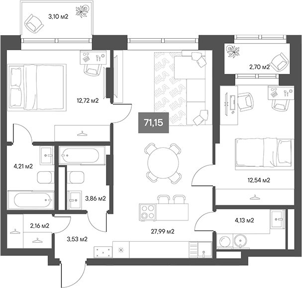 Планировка — ЩА, 2-комн., 72 м²