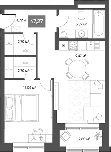 Планировка — ЩА, 1-комн., 43 м²