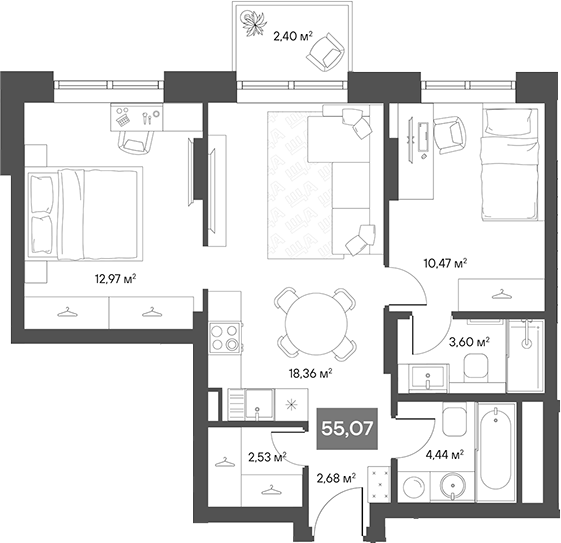 Планировка — ЩА, 2-комн., 53 м²