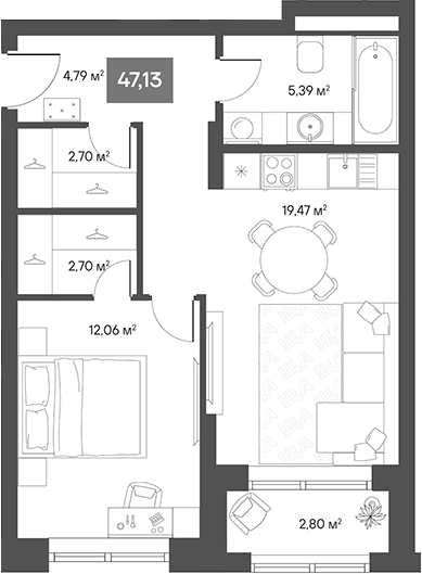 Планировка — ЩА, 1-комн., 43 м²