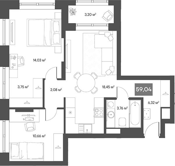 Планировка — ЩА, 2-комн., 57 м²