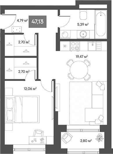 Планировка — ЩА, 1-комн., 43 м²