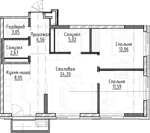 Планировка — Город на озере, 3-комн., 71 м²