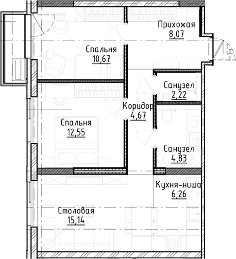Планировка — Город на озере, 3-комн., 64 м²