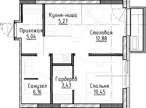 Планировка — Город на озере, 2-комн., 43 м²