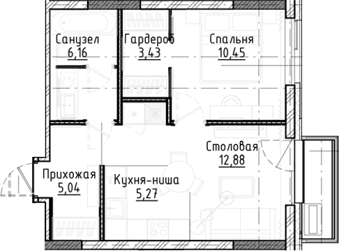 Планировка — Город на озере, 2-комн., 43 м²