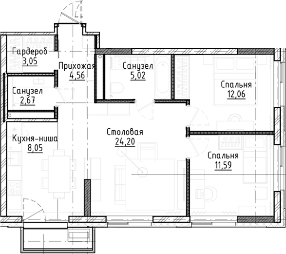 Планировка — Город на озере, 3-комн., 71 м²