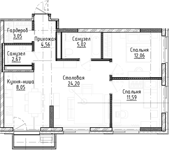 Планировка — Город на озере, 3-комн., 71 м²