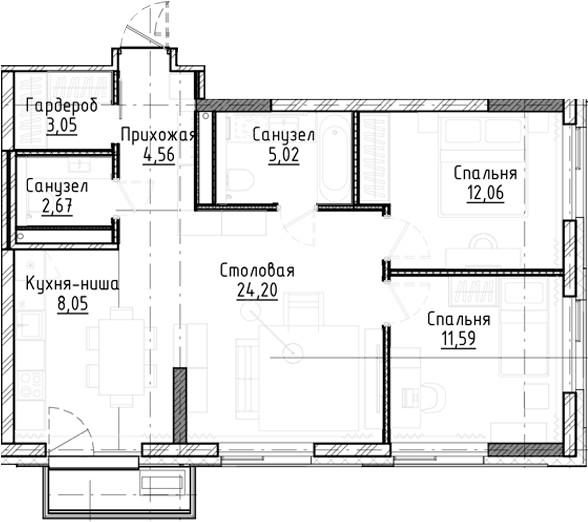 Планировка — Город на озере, 3-комн., 71 м²