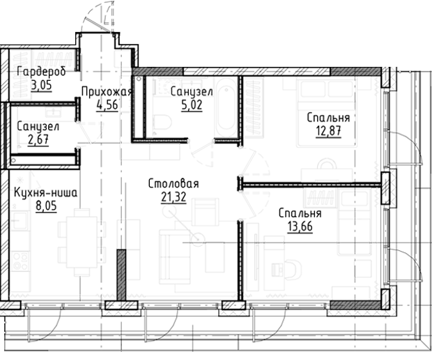 Планировка — Город на озере, 3-комн., 71 м²