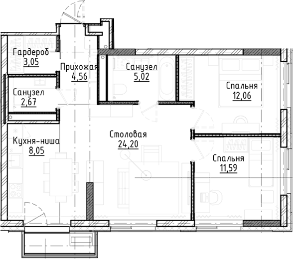 Планировка — Город на озере, 3-комн., 71 м²