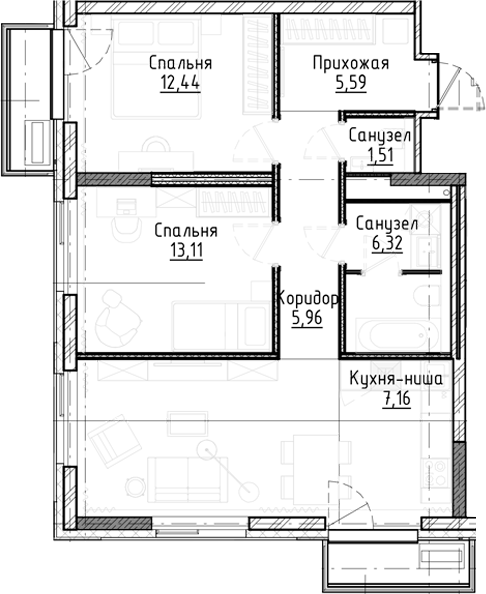 Планировка — Город на озере, 3-комн., 69 м²