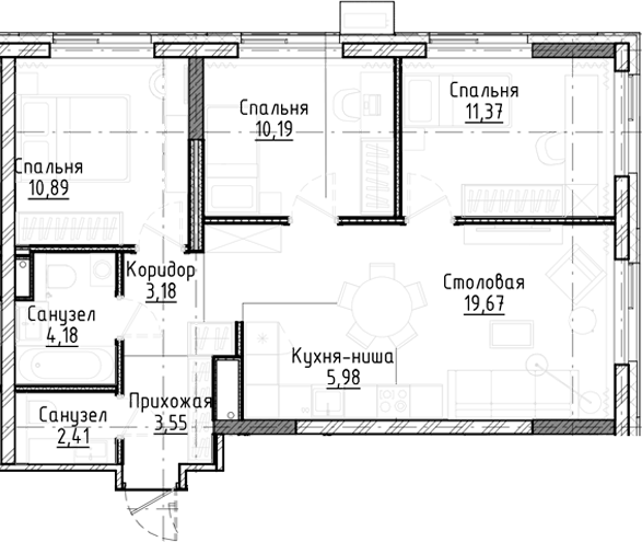 Планировка — Город на озере, 4-комн., 71 м²