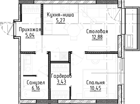 Планировка — Город на озере, 2-комн., 43 м²