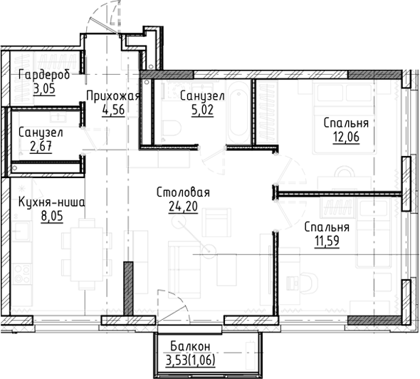 Планировка — Город на озере, 3-комн., 71 м²