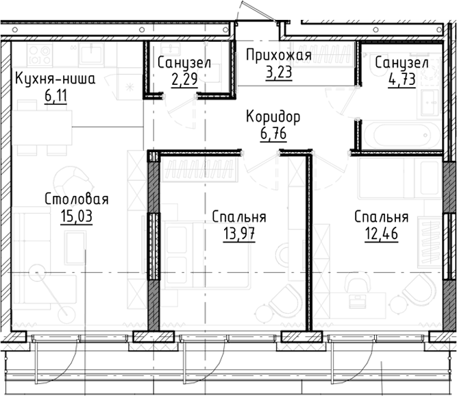 Планировка — Город на озере, 3-комн., 65 м²