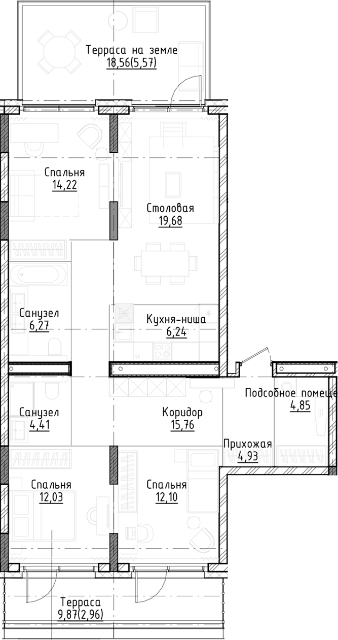 Планировка — Город на озере, 3-комн., 100 м²