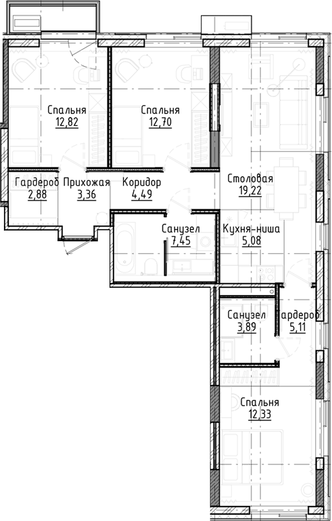 Планировка — Город на озере, 4-комн., 89 м²
