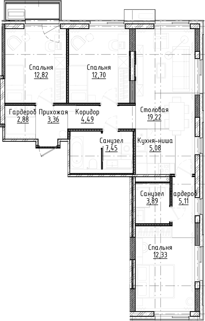 Планировка — Город на озере, 4-комн., 89 м²