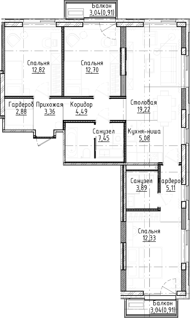 Планировка — Город на озере, 4-комн., 89 м²
