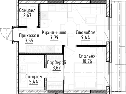Планировка — Город на озере, 2-комн., 43 м²