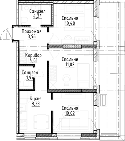 Планировка — Город на озере, 3-комн., 55 м²
