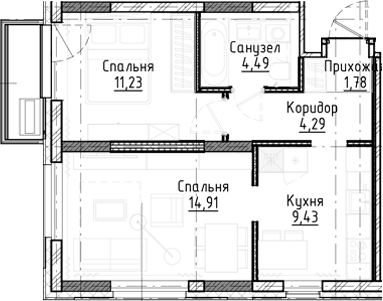 Планировка — Город на озере, 2-комн., 46 м²