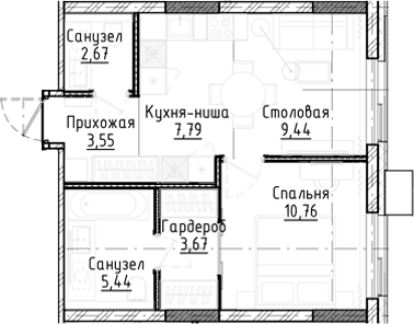 Планировка — Город на озере, 2-комн., 43 м²