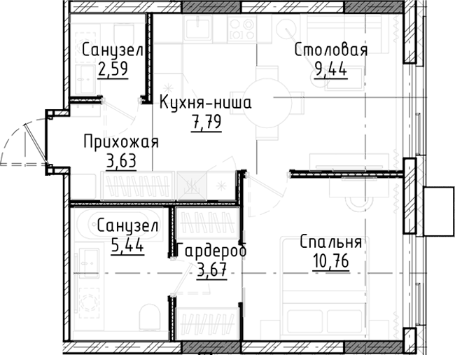 Планировка — Город на озере, 2-комн., 43 м²