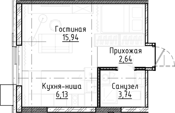 Планировка — Город на озере, Студия, 29 м²