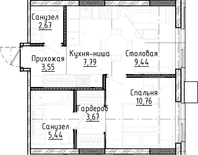 Планировка — Город на озере, 2-комн., 43 м²
