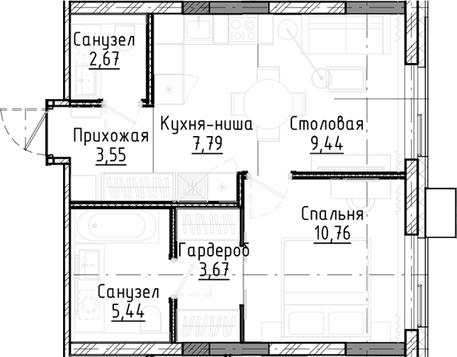 Планировка — Город на озере, 2-комн., 43 м²