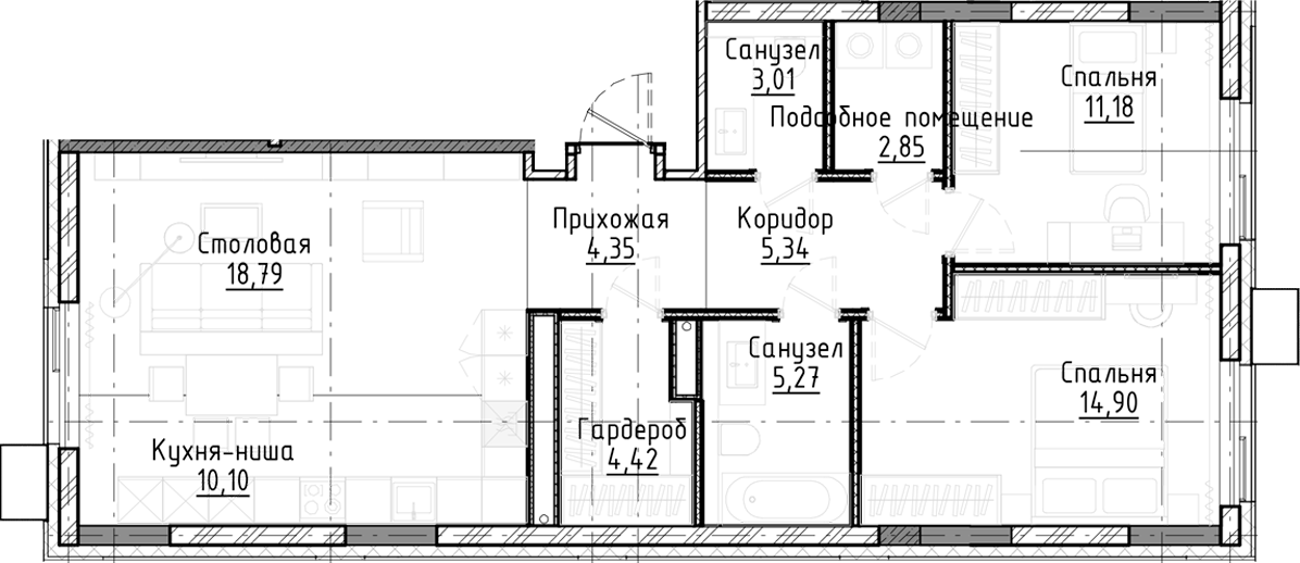 Планировка — Город на озере, 3-комн., 80 м²