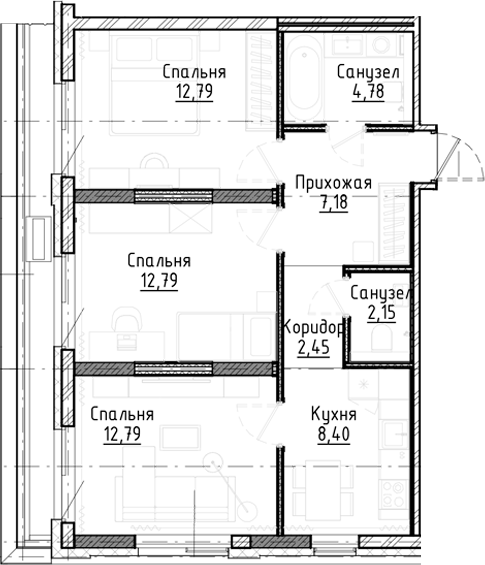 Планировка — Город на озере, 3-комн., 63 м²