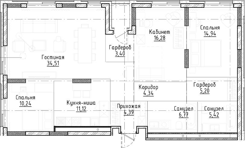 Планировка — Город на озере, 3-комн., 117 м²