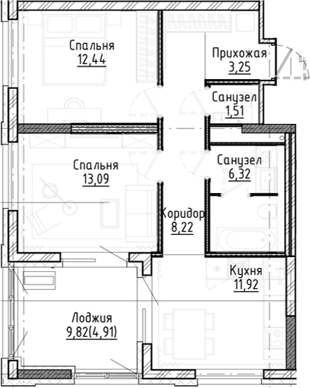 Планировка — Город на озере, 2-комн., 57 м²