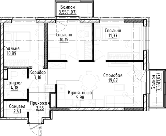 Планировка — Город на озере, 4-комн., 71 м²